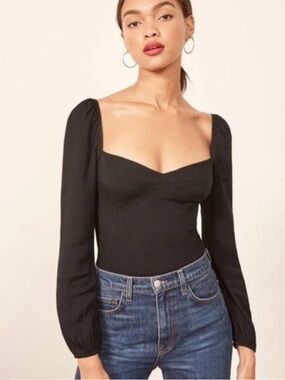 Reformation Reign Black Bustier Long Sleeve Top Size 10